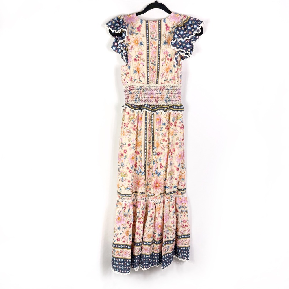 Farm Rio Superbloom Tapestry Cream Dress Floral V Neck Ruffle Sleeve Sz S - Picture 15 of 15